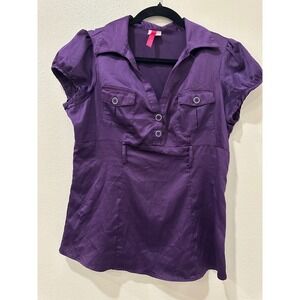 Heart Soul Grape Purple Satin Puff Sleeve Button Front Blouse XL